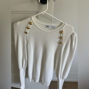 Zara White and Gold Crew Neck Sweater